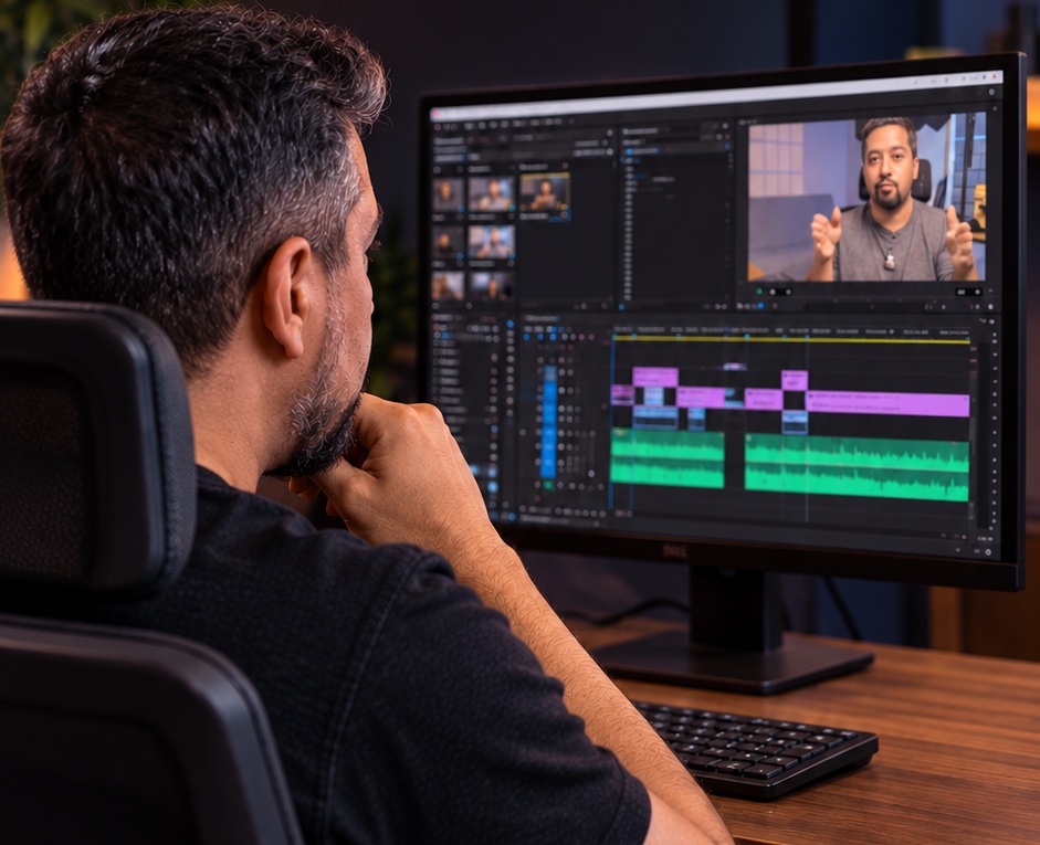 Criador de conteúdo no seu estúdio, em frente ao monitor com o Premiere aberto, na timeline de um vídeo em que ele fala para a câmera