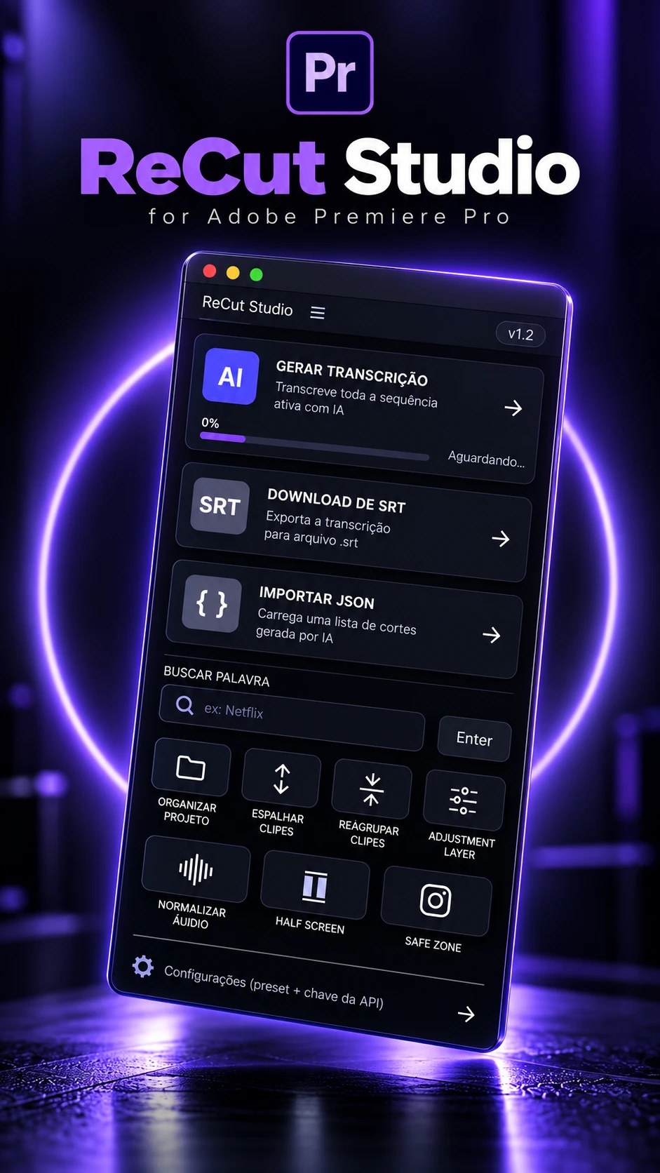 ReCut Studio para Adobe Premiere Pro: painel do plugin com gerar transcrição, importar JSON e utilitários